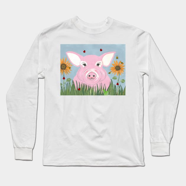 PIG Farmer Cute Pink Pig Acrylic Painting Long Sleeve T-Shirt by SartorisArt1